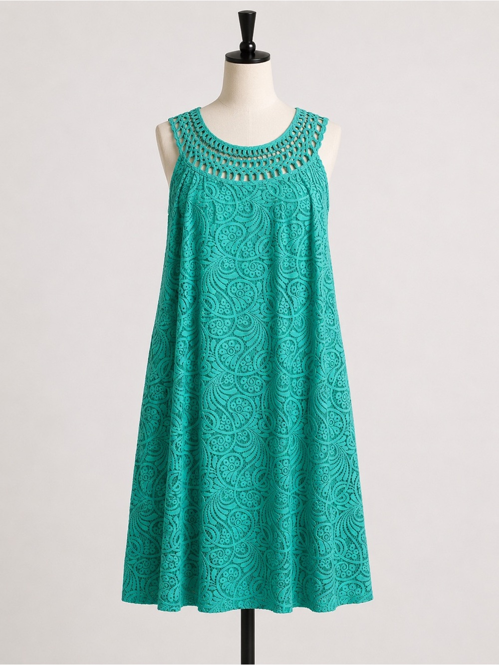 Jessica Howard Women’s 10 Turquoise Paisley Sleeveless Dress Crochet Neckline